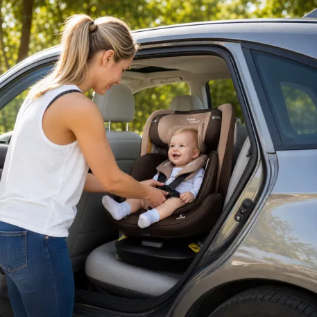 ISOFIX-es 360°-ban forgatható Mama Kiddies® iSize Capry biztonsági autósülés (40 -150 cm) bézs/barna színben + Ajándék