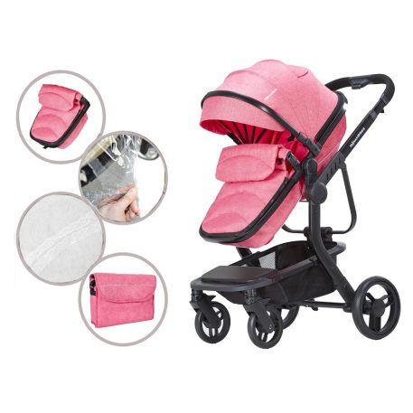 Detský kombinovaný kočík Mama Kiddies Moon Pink: 2 v1 s doplnkami v ružovej farbe