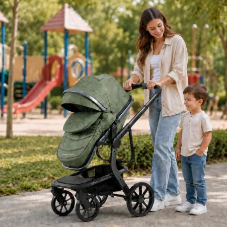 Mama Kiddies Icon zöld babakocsi sportüléssel, lábzsákkal
