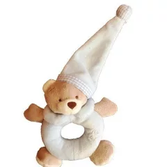 Csörgő plüss sapkás maci 14 cm-es - rózsaszín