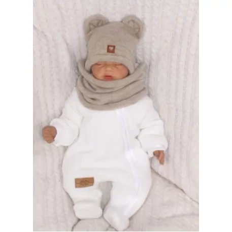 Kötött sapka fülekkel + csősál, bézs/szürke (6-12 hónaposnak)