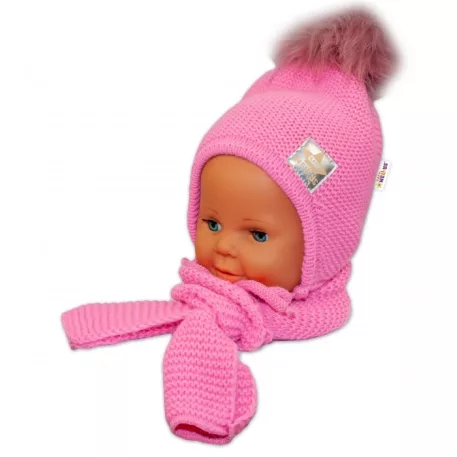BABY NELLYS téli sapka sállal - sötét rózsaszín