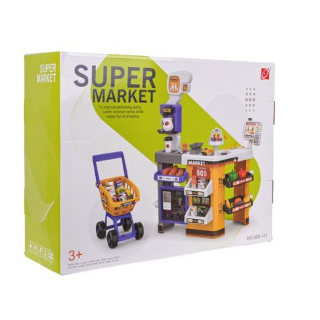 Luxus szupermarket szett bevásárlókocsival, szkennerrel, pénztárgéppel, kártyaolvasóval