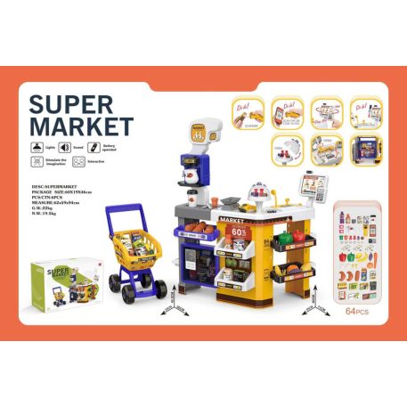 Luxus szupermarket szett bevásárlókocsival, szkennerrel, pénztárgéppel, kártyaolvasóval