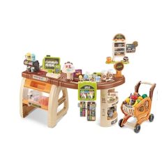   Mama Kiddies 65 részes 79 cm magas full extrás szupermarket asztal bevásárlókocsival és rengeteg extrával barna színben