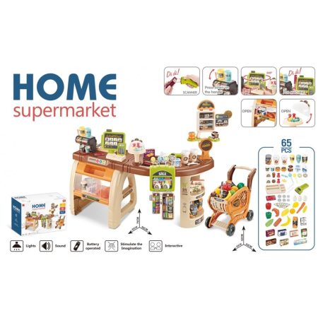 Mama Kiddies 65 részes 79 cm magas full extrás szupermarket asztal bevásárlókocsival és rengeteg extrával barna színben