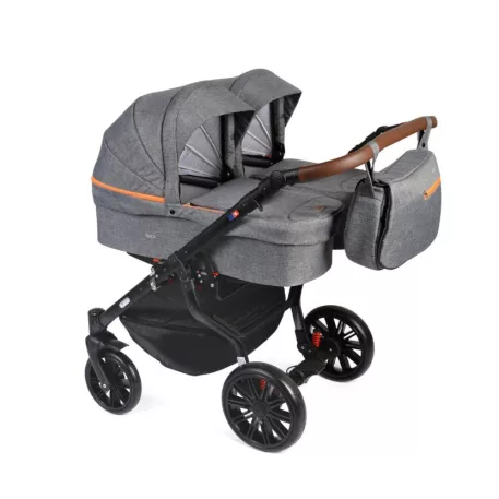 Detský kočík pre dvojičky Mama Kiddies TWIN 3v1 s doplnkami, farba sivá s oranžovými pásikmi + DARČEK