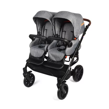 Detský kočík pre dvojičky Mama Kiddies TWIN 3v1 s doplnkami, farba sivá s oranžovými pásikmi + DARČEK