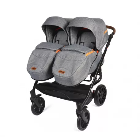 Detský kočík pre dvojičky Mama Kiddies TWIN 3v1 s doplnkami, farba sivá s oranžovými pásikmi + DARČEK
