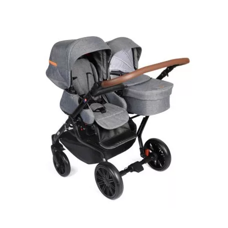 Detský kočík pre dvojičky Mama Kiddies TWIN 3v1 s doplnkami, farba sivá s oranžovými pásikmi + DARČEK