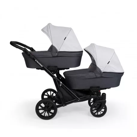 Detský kočík Mama Kiddies Gemini 3v1 pre dvojičky s doplnkami v bledosivo-čiernej farbe + Darček