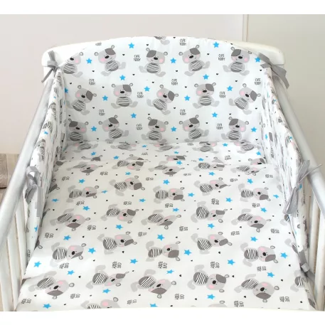 Mama Kiddies Baby Bear 5 részes babaágynemű 180°-os rácsvédővel szürke macis mintával