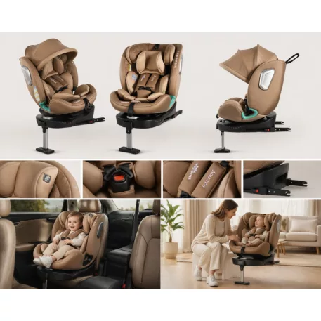 ISOFIX-es 360°- ban forgatható Mama Kiddies iSize Journey Extra biztonsági autósülés (40–150 cm) bézs színben támasztólábbal ajándék napvédővel és lábtartóval