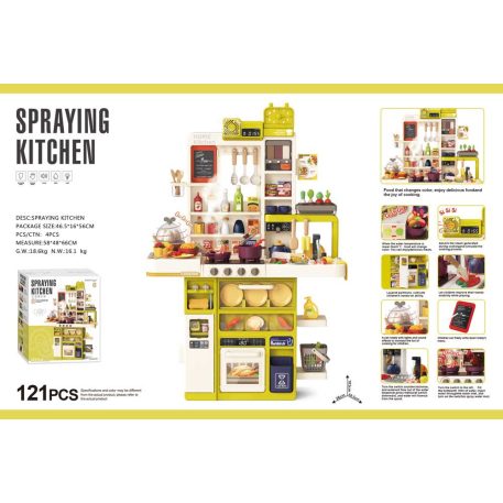 Mama Kiddies Interaktív "Spraying Kitchen" Játékkonyha – 121 darabos készlet,103 cm magas fény- és hangeffektekkel sárgászöld színben