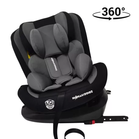 ISOFIX-es 360°-ban forgatható Mama Kiddies Racing biztonsági autósülés (40 -125 cm) fekete-szürke színben + Ajándék fejvédő párna