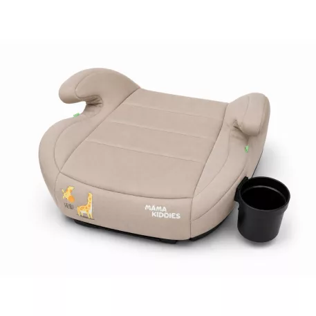 Mama Kiddies® i-Size HappyRide ülésmagasító (125-150 cm) ISOFIX rögzítéssel bézs színben zsiráf mintával – Ajándék pohártartó