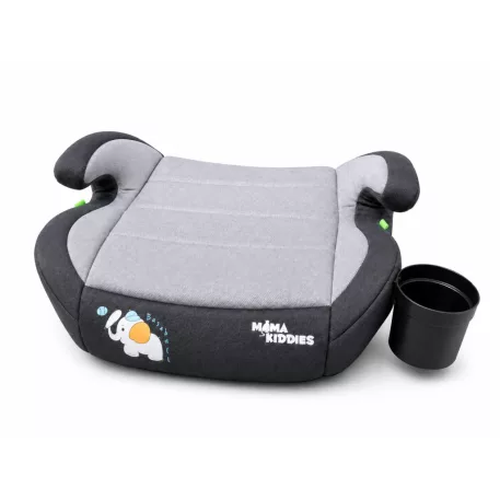 Mama Kiddies® i-Size HappyRide ülésmagasító (125-150 cm) ISOFIX rögzítéssel szürke színben bébi elefánt mintával – Ajándék pohártartó