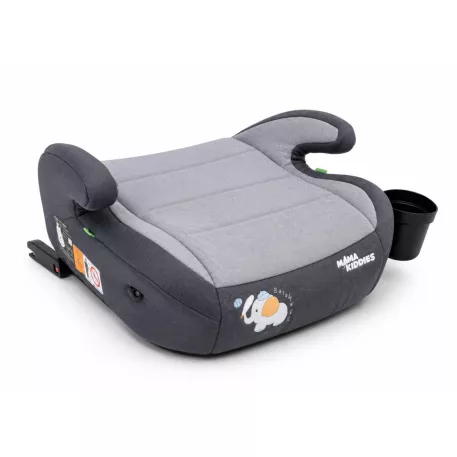 Mama Kiddies® i-Size HappyRide ülésmagasító (125-150 cm) ISOFIX rögzítéssel szürke színben bébi elefánt mintával – Ajándék pohártartó