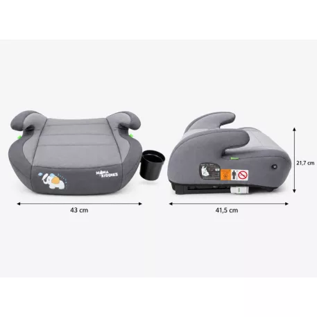Mama Kiddies® i-Size HappyRide ülésmagasító (125-150 cm) ISOFIX rögzítéssel szürke színben bébi elefánt mintával – Ajándék pohártartó