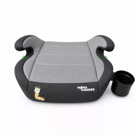 Mama Kiddies® i-Size HappyRide ülésmagasító (125-150 cm) szürke színben baby zsiráf mintával – Ajándék pohártartó