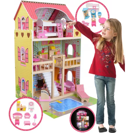 XXL-es fa babaház rengeteg kiegészítővel, medencével és LED világítással - 90 cm