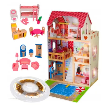 XXL-es fa babaház rengeteg kiegészítővel, medencével és LED világítással - 90 cm