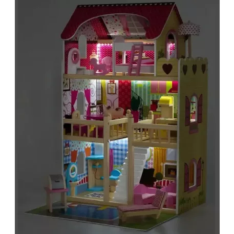 XXL-es fa babaház rengeteg kiegészítővel, medencével és LED világítással - 90 cm