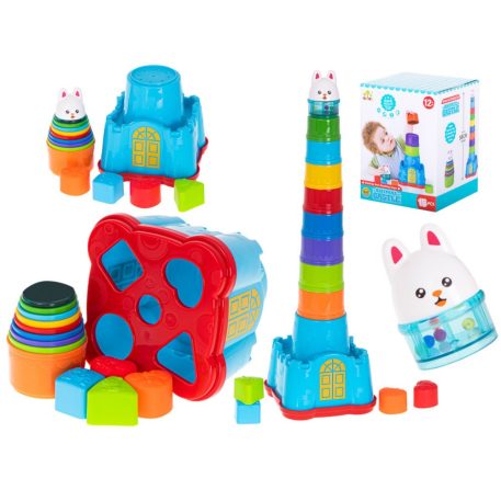 Világítótorony alakú építőjáték nyuszival a tetején
