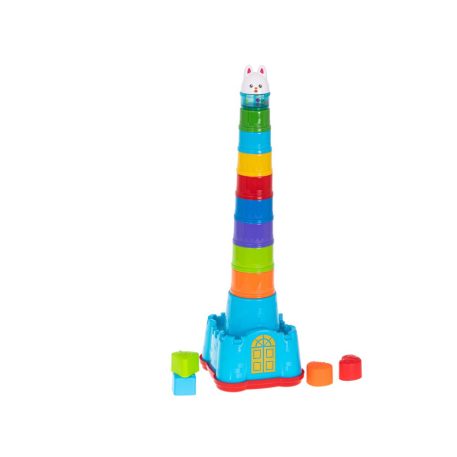 Világítótorony alakú építőjáték nyuszival a tetején