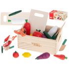 Szeletelhető, fából készült mágneses zöldségek tartóban kiegészítőkkel