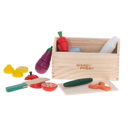 Szeletelhető, fából készült mágneses zöldségek tartóban kiegészítőkkel