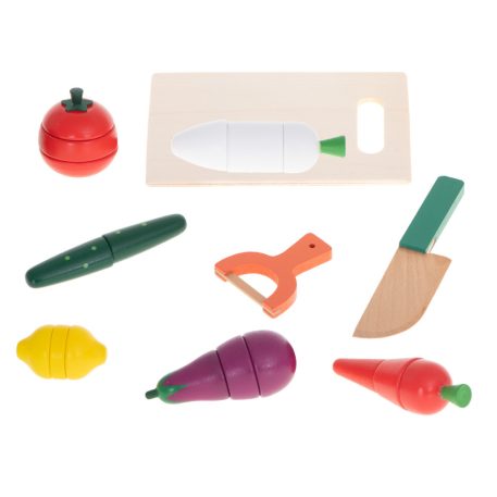 Szeletelhető, fából készült mágneses zöldségek tartóban kiegészítőkkel