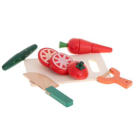 Szeletelhető, fából készült mágneses zöldségek tartóban kiegészítőkkel