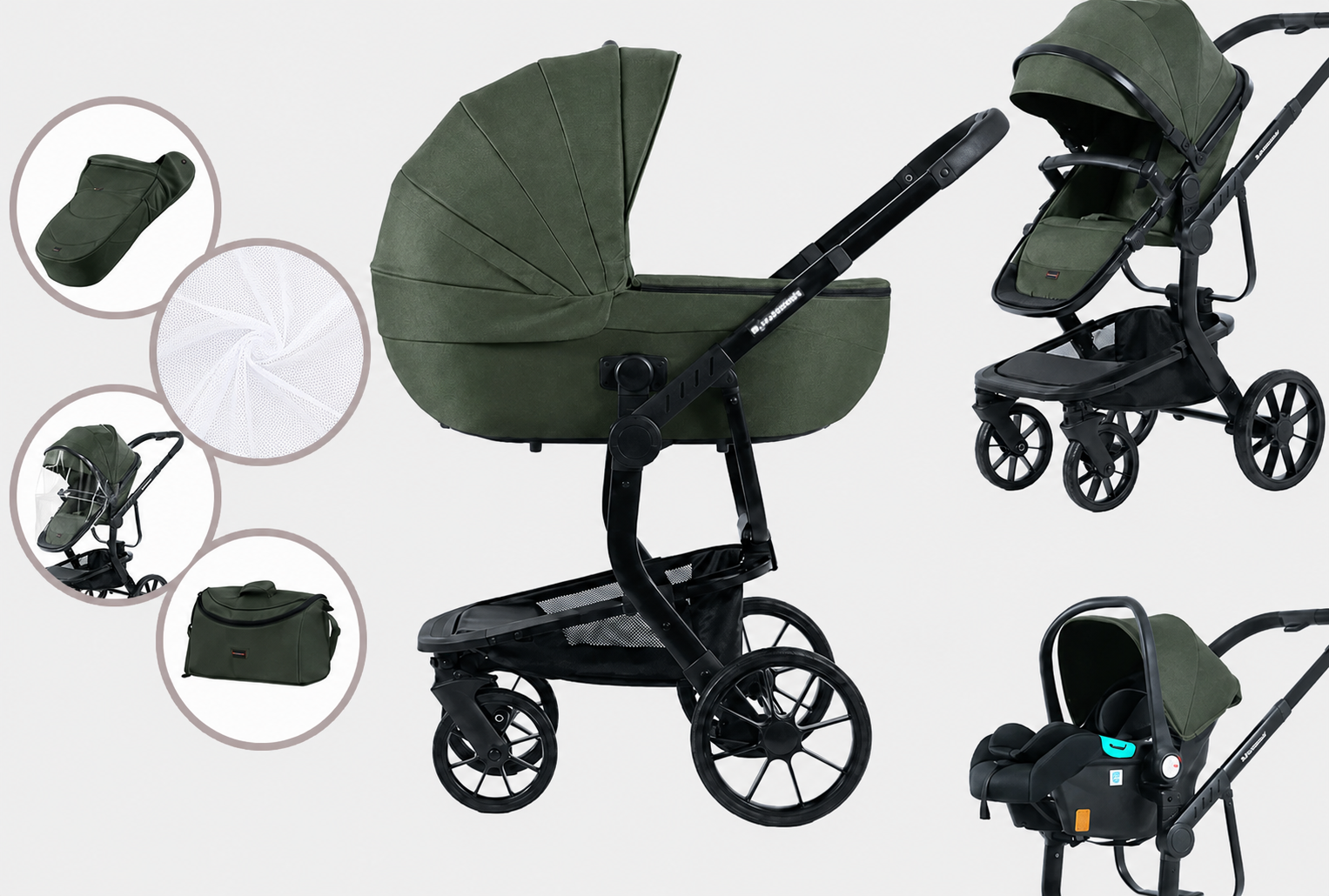 Mama Kiddies® Icon 3 az 1-ben multifunkciós babakocsi zöld színben kiegészítőkkel