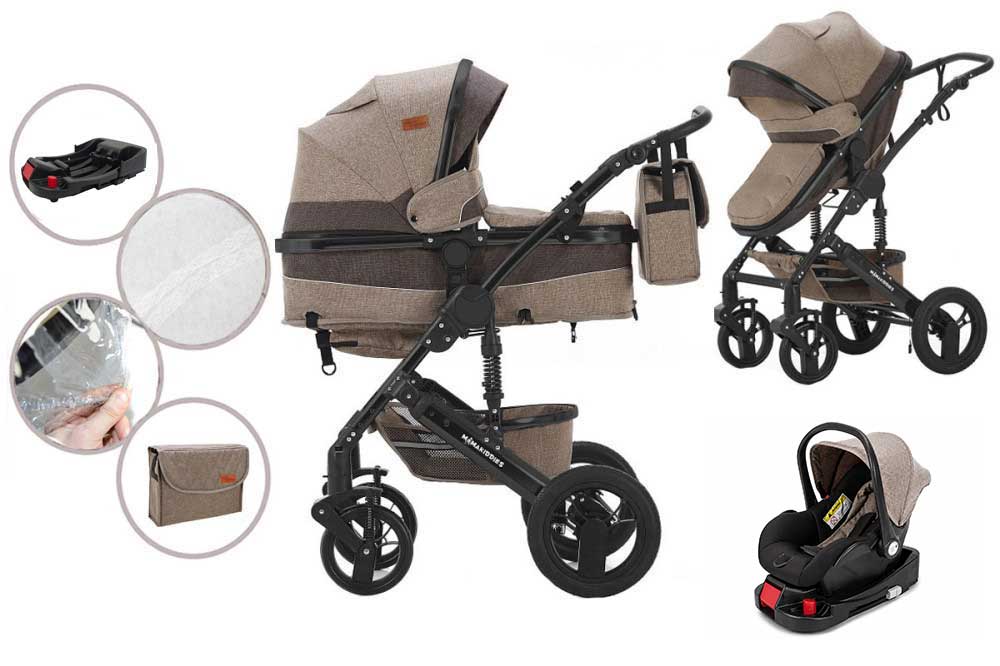 Mama Kiddies® Evening Star Black Edition 4 az 1-ben multifunkciós babakocsi kiegészítőkkel bézs-barna színben ISOFIX talppal + Ajándék